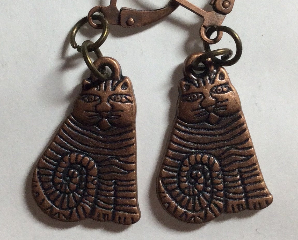 Retro Kupfer Katze Kätzchen Ohrringe Kupferfarben Handgemacht Für Ohrlöcher Nickelfrei von bazaarchoices