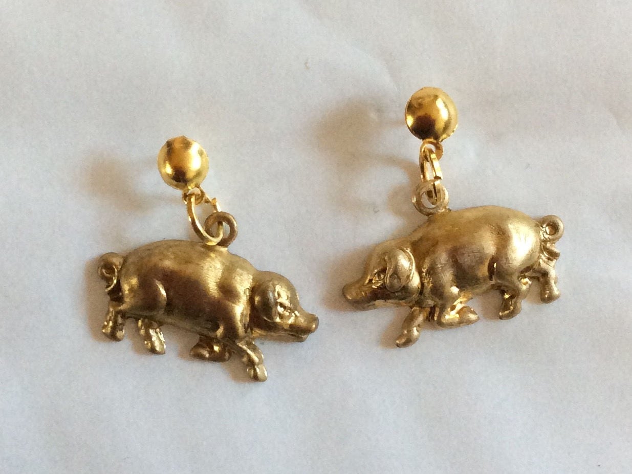 Trab Fettes Schwein Ohrstecker Messing Roh Vintage von bazaarchoices