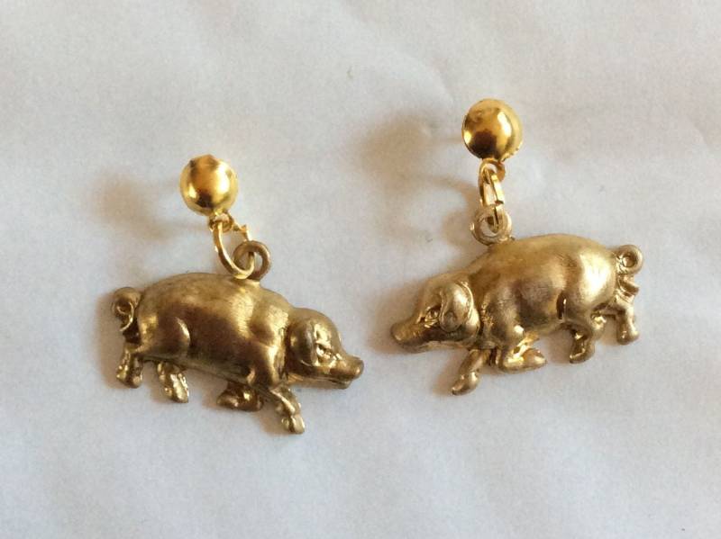 Trab Fettes Schwein Ohrstecker Messing Roh Vintage von bazaarchoices