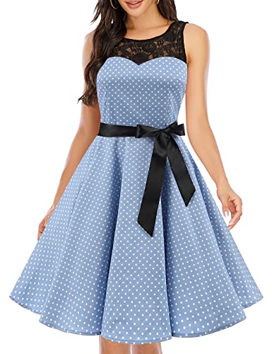 bbonlinedress 1950er Ärmellos Vintage Retro Spitzenkleid Rundhals Abendkleid Blue White Dot 2XL von Bbonlinedress