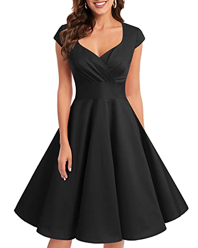 bbonlinedress 1950er Vintage Retro Cocktailkleid Rockabilly V-Ausschnitt Faltenrock Black L von Bbonlinedress