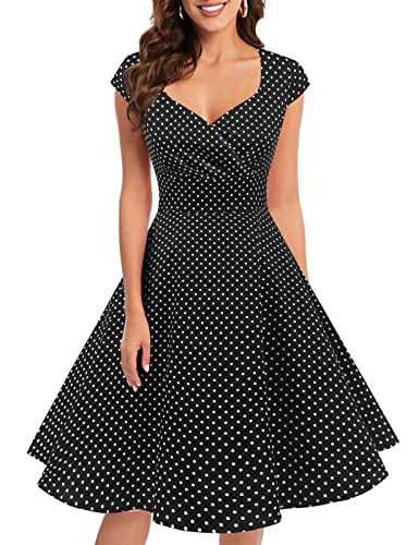 bbonlinedress 1950er Vintage Retro Cocktailkleid Rockabilly V-Ausschnitt Faltenrock Black Small White Dot M von Bbonlinedress