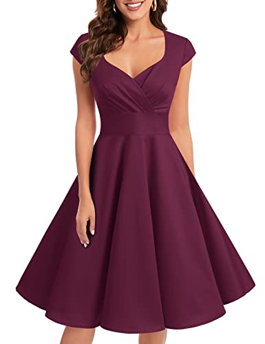 bbonlinedress 1950er Vintage Retro Cocktailkleid Rockabilly V-Ausschnitt Faltenrock Burgundy S von Bbonlinedress