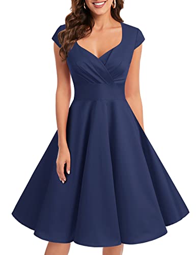 bbonlinedress 1950er Vintage Retro Cocktailkleid Rockabilly V-Ausschnitt Faltenrock Navy S von Bbonlinedress