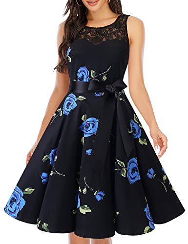 bbonlinedress 1950er Ärmellos Vintage Retro Spitzenkleid Rundhals Abendkleid Black Blue BRose L von Bbonlinedress