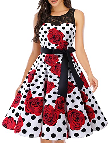 bbonlinedress 1950er Ärmellos Vintage Retro Spitzenkleid Rundhals Abendkleid White Rose Black Dot M von Bbonlinedress