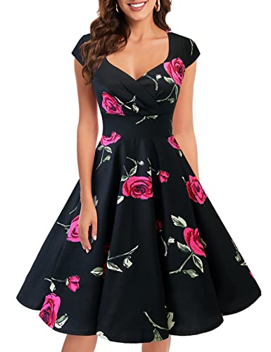 bbonlinedress 1950er Vintage Retro Cocktailkleid Rockabilly V-Ausschnitt Faltenrock Black Red Brose XS von Bbonlinedress