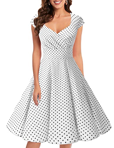 bbonlinedress 1950er Vintage Retro Cocktailkleid Rockabilly V-Ausschnitt Faltenrock White Small Black Dot 3XL von Bbonlinedress