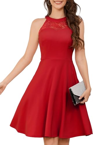 Bbonlinedress Sommerkleid Damen Abendkleider elegant für Hochzeit festliches Kleid Neckholder Brautkleid Cocktailkleid Rotes Kleid Red 2XL von Bbonlinedress