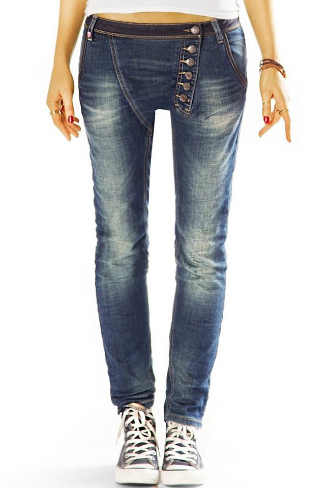 be styled Low-rise-Jeans Slim fit Hüftjeans mit asymmetrischer Knopfleiste - Damen - j15L mit Stretch-Anteil, hüftig, low waist, lange schräge Knopfleiste, Ziernähte von be styled