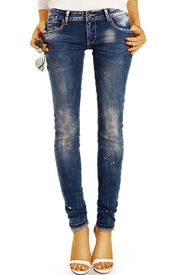 be styled Skinny-fit-Jeans Low Waist Jeanshose Hüftjeans mit Farbflecken - Damen - j7p mit Stretch-Anteil, 5-Pocket-Style, hüftig, low waist, Skinny, Farbflecken von be styled