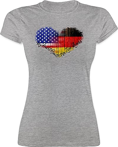 L191 tailliertes Damen Frauen Rundhals T-Shirt - Flaggen - Amerika Deutschland USA Germandy - L - Grau meliert - Germany Tshirt deutsch amerikanisch t-Shirts deutsche Geschenke für Amerikaner Shirt von beVintage