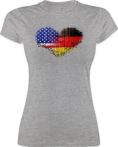 L191 tailliertes Damen Frauen Rundhals T-Shirt - Flaggen - Amerika Deutschland USA Germandy - S - Grau meliert - deutsche Geschenke für Amerikaner t- Shirt deutsch amerikanische tailliert Flagge von beVintage
