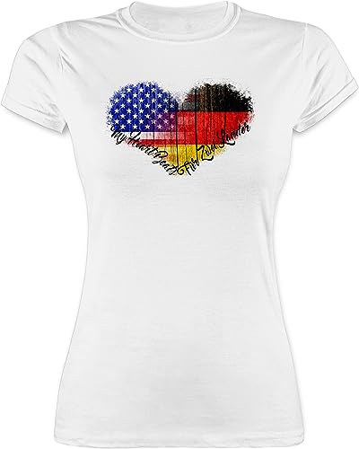 L191 tailliertes Damen Frauen Rundhals T-Shirt - Flaggen - Amerika Deutschland USA Germandy - S - Weiß - deutsch amerikanische t Shirt Flagge tailliert Freundschaft Tshirt eng von beVintage