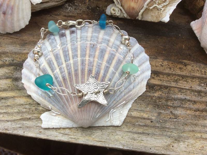 Sterling Meer Stern Mit Aqua Und Petrol Strand Glas Armband von beachsilver