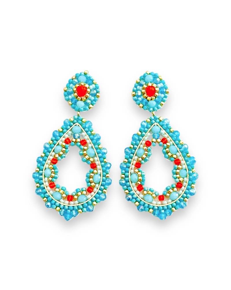 Federleichte Ohrstecker in Tropfenform, Türkis/Orange, Handgenäht Aus Glaschliffperlen Und Miyukiperlen, Brick-stitch von beads2shine