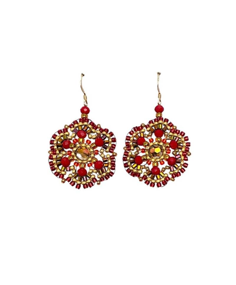 Filigrane Ohrhänger, Blumenornament, Rot/Braun/Gold, Handgenäht Aus Swarovski-Kristallen, Opaken Glasschliffperlen Und Miyuki/Toho-Rocailles von beads2shine
