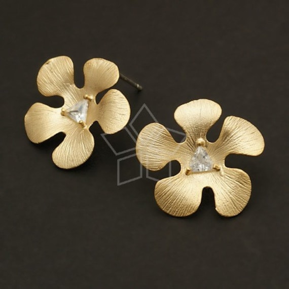 Si-307-Mg/2 Stk - Tri Stones Daisy Ohrring Zubehör, Matt Vergoldet Über Messing, 925 Sterling Silber Stecker/19 X 20 Mm von beadsmaker