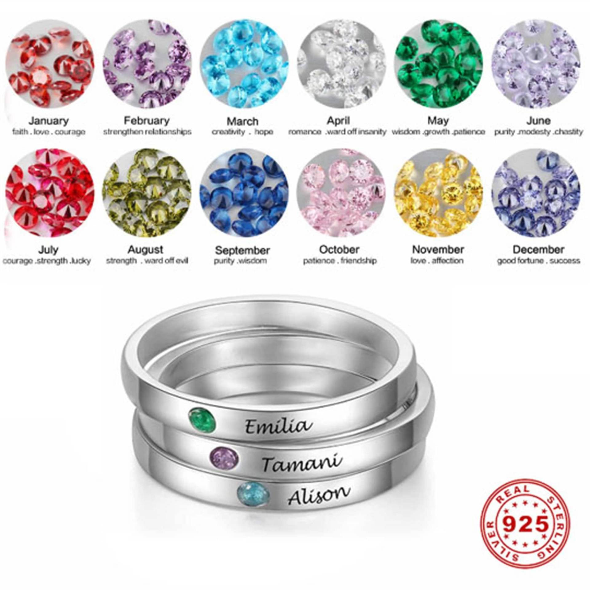 925 Sterling Silber Geburtsstein Ringe Personalisierte Gravur Name Datum Jahr Kind Familie Liebe Benutzerdefinierte Brautjungfer Geschenke von beadsmall