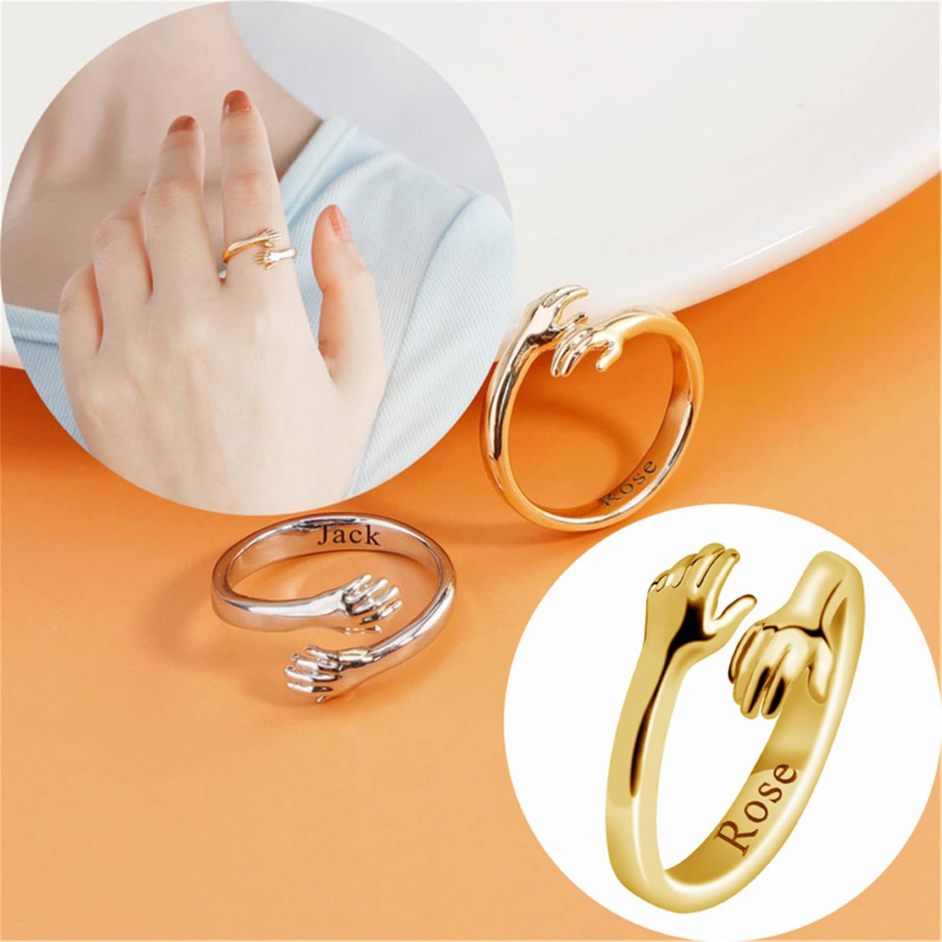 Personalisierte Namensringe Benutzerdefinierte Datumsringe Edelstahlringe Hug Hand Fingerringe Hochzeitsschmuck von beadsmall