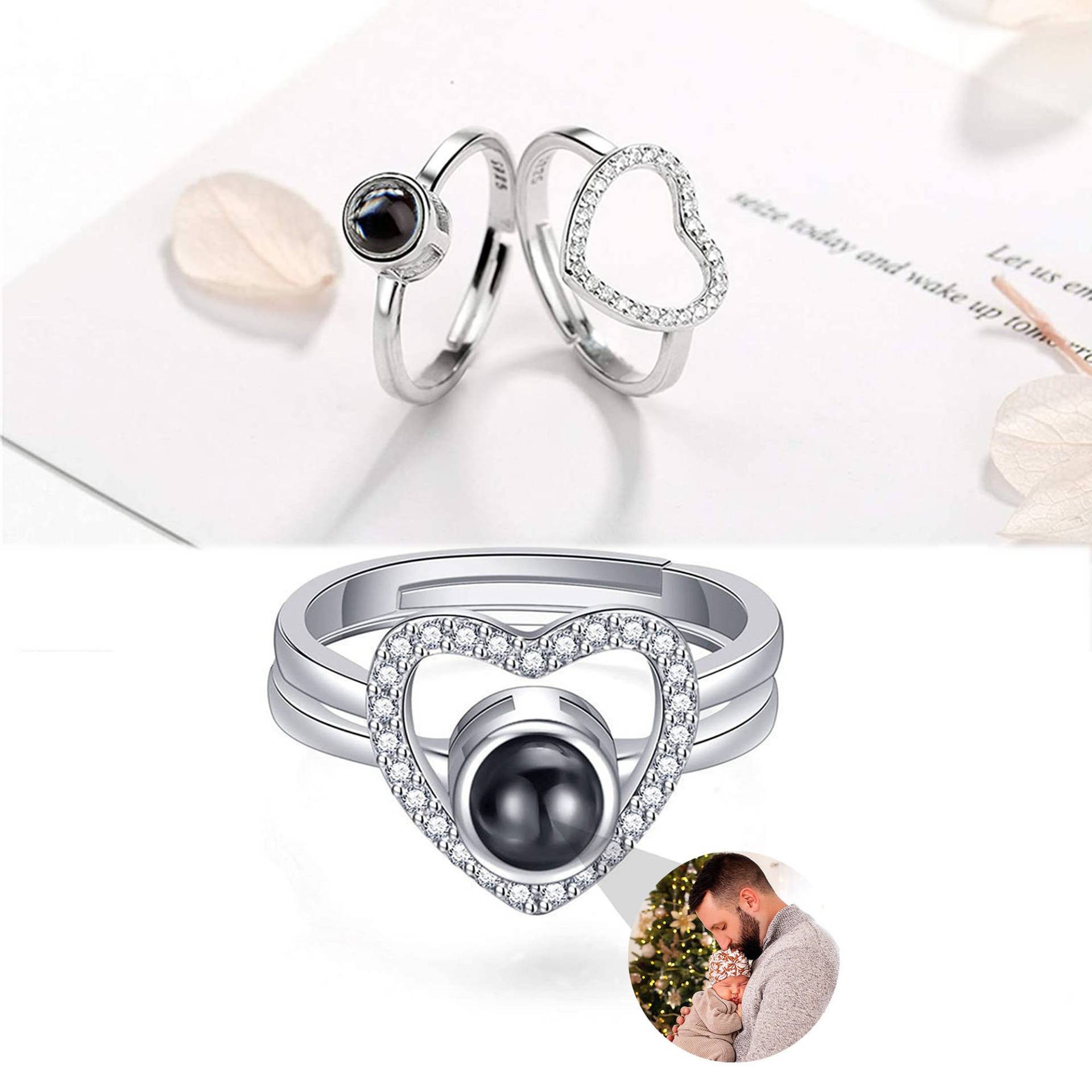 Personalisierte Projektion Ringe Benutzerdefinierte Foto Paare Bild Versprechen Ring Hochzeit Schmuck 2 Stück Herz Verstellbare von beadsmall