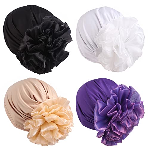 Damen Blume Elastischer Turban Beanie Kopftuch Wickeltuch Chemomütze Mütze für Krebs Patienten, Schwarz, Weiß, Khaki, Lila, Einheitsgröße von beauty YFJH