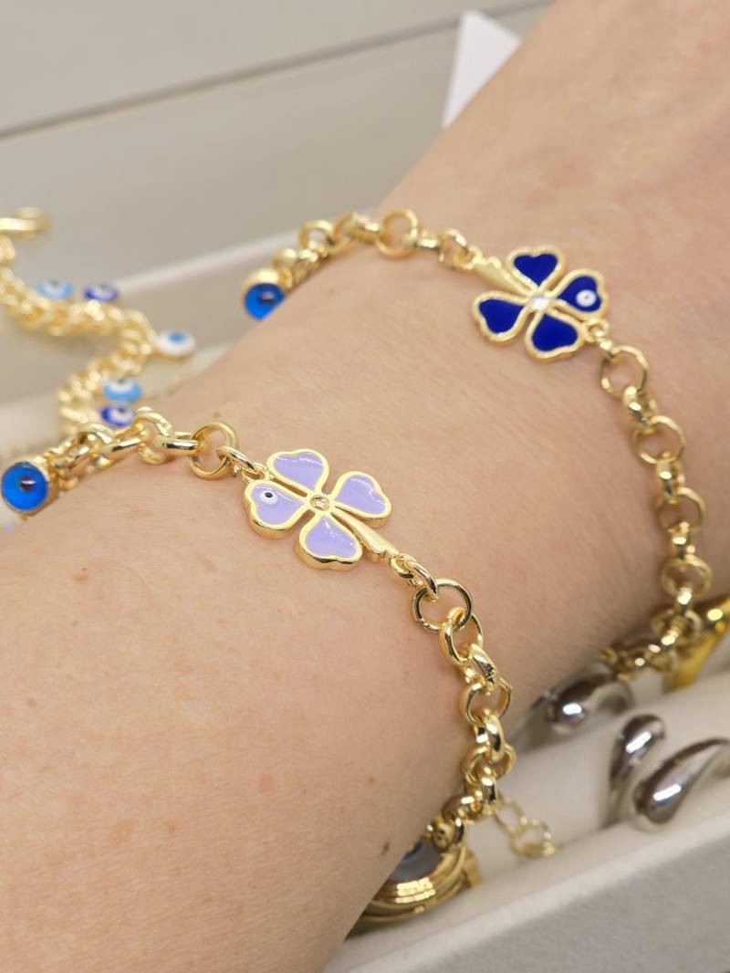 14K Gold Evil Eye Bracelet, Enamel Turkish Protection Bracelet, Tiny Greek Stylish Bracelet, Gift, Birthday Gift, Four Leaf Clover von beautyway073