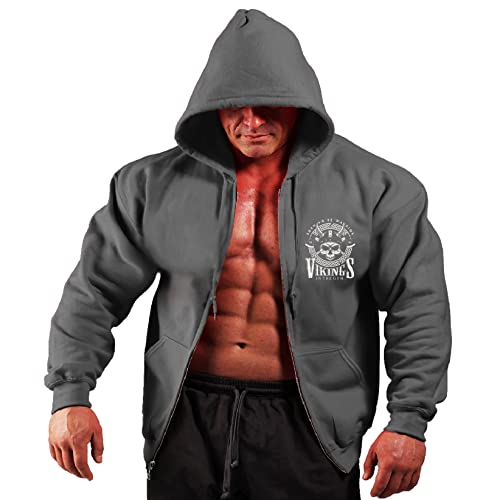 BEBAK Herren Gym Hoodie | Wikinger Reißverschluss Pullover Hoody Kleidung für Herren Bodybuilding Top Arnold inspiriertes Sweatshirt, anthrazit, L von BEBAK