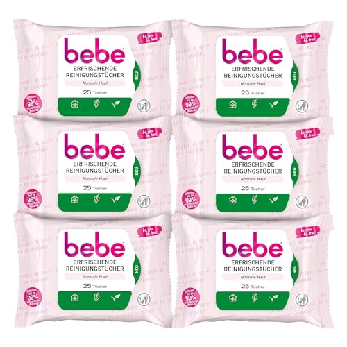 bebe Erfrischende Reinigungstücher (6 x 25 Tücher), milde Abschminktücher mit Rosenwasser, Make-up Entferner aus Fasern 100% pflanzlichen Ursprung, Gesichtsreinigung für normale Haut, vegan* von bebe