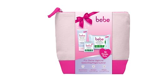 bebe Skincare Set, Pflegende Abschminktücher (25 Tücher), Waschgel (150 ml), Gesichtscreme (50 ml) & Kosmetiktasche, ideal für die tägliche Gesichtspflege & als Geschenkset von bebe