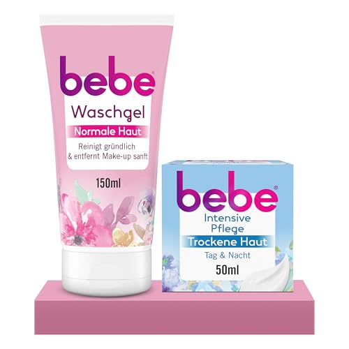 bebe Waschgel (150 ml) & Intensive Pflege (50 ml) - Sanfter Make-up Entferner, fruchtig duftende Gesichtsreinigung mit Aprikosenextrakt, gründliche Reinigung & 24h Feuchtigkeit für trockene Haut mit von bebe