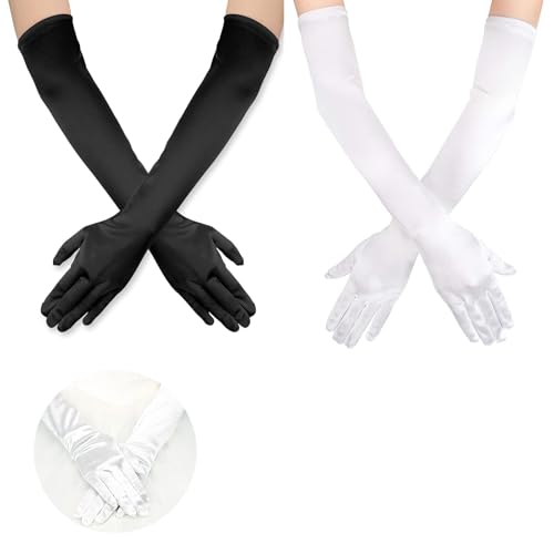 Beejune 2 Paar Lange Handschuhe, Schwarz Und Weiß, Für Frauen Mädchen Halloween Karneval Fasching Fest Party Kostüm von beejune