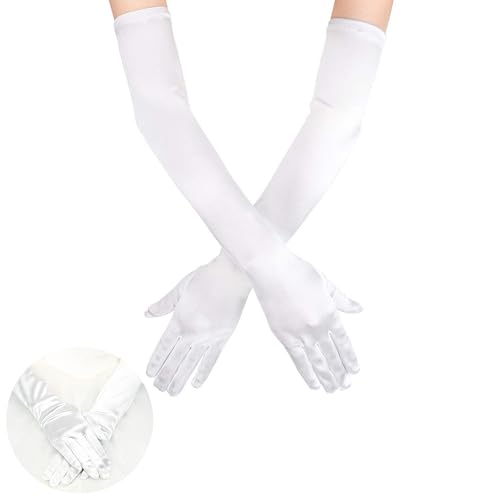 beejune Damen Handschuhe Weiß Lang, Elegant, Elastan, Größe L, Weiß, Lang, Damen, Weiß, White Gloves, Für Classic Opera Party Halloweenkarneval Kostüm (53cm) von beejune