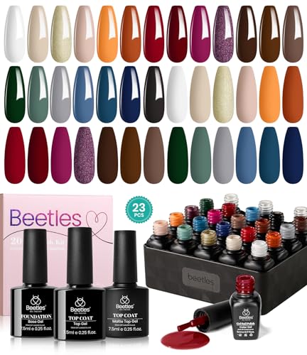 Beetles 20 Farben UV Gel Nagellack Set – Leuchtende Anziehungskraft Herbst Winter Orange Burgund Rot Lila Gel Nagellack Set Grau Blau Grün mit Überlack Unterlack Halloween Geschenke für Frauen von beetles Gel Polish