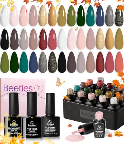 Beetles 20Pcs Gel Nail Polish Kit with Base Gel Top Coat- Lucky Tarot Collection White Black Nude Grey Glitters Gel Polish Nail Art Green Nails Manicure Gifts for Women von beetles Gel Polish