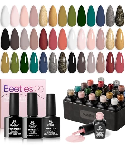 Beetles 20Pcs Gel Nail Polish Kit with Base Gel Top Coat- Lucky Tarot Collection White Black Nude Grey Glitters Nagellack Art Green Nails Manicure Gifts for Women von beetles Gel Polish
