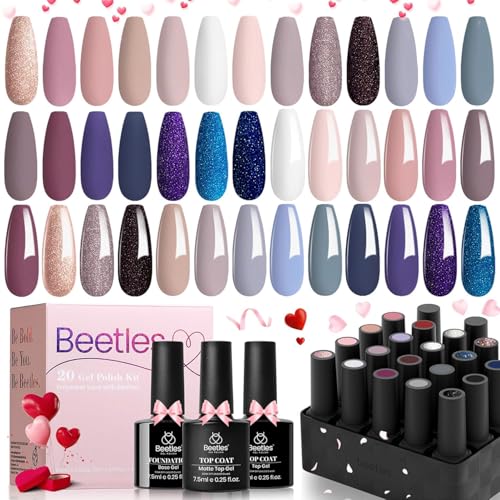 Beetles 23 Stück Gel-Nagellack-Set mit Glänzendem, Mattem Überlack und Unterlack Weiß Nackt Grau Glitzerndes, Soak-Off-Gel Nagel Sets Nagel Maniküre Set für Frauen von beetles Gel Polish