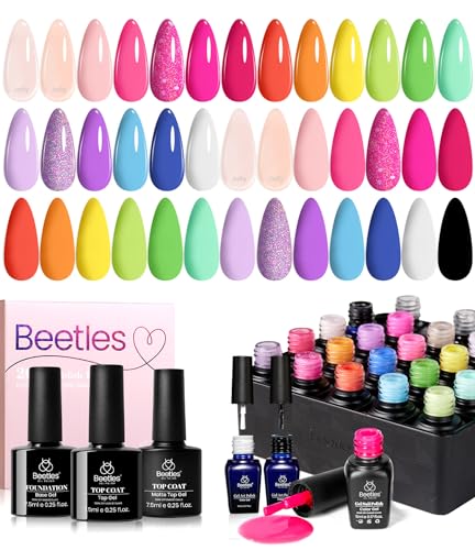 Beetles Gel Polish Gel Nagellack UV 23 Stück, 20 Farben Gelnagel mit 3 Überlack Unterlack 18 Stk Kunstlack und 2 Stk Weiß Schwarzes Liner für UV Kunstnägel Geschenke Mädchen und Frauen von beetles Gel Polish