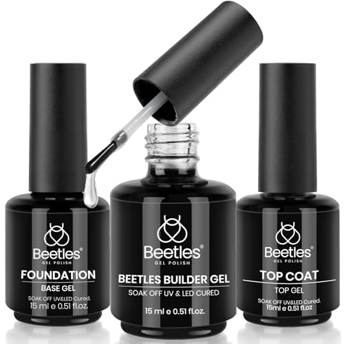 Beetles 3 Pcs 15ml No Wipe Gel Top Coat, Base Coat Set, Builder Nail Gel Shine Finish and Long Lasting, Soak Off LED Gel Base Top Coat Glossy Shine Finish Christmas Gifts von beetles Gel Polish