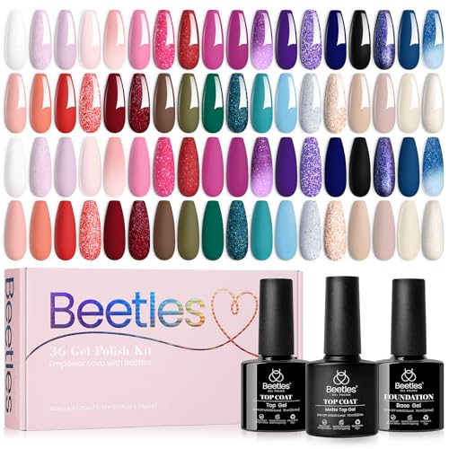Beetles 39 Stk UV Gel Nagellack Set mit Überlack Unterlack, Reflektierender Glitzer, Burgunderrot, Blau, Grün, Winterfarben, 36 Farben Gel Nagellack für Mädchen von beetles Gel Polish