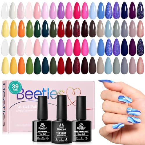 Beetles 39 Stück UV Nagellack Set, 36 Farben Gel Nail Polish mit Basis mattes und glänzendes Top Coat Neon leuchtendes orange Grün Rosa Gelb Blau Glitzer Halloween Maniküre DIY für Frauen von beetles Gel Polish
