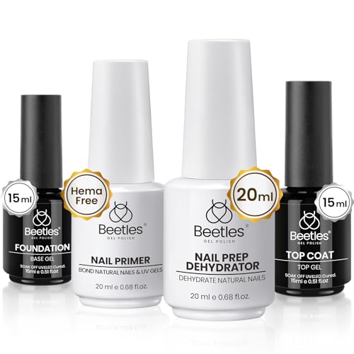 Beetles 4 Pcs15 Ml Base Coat Und Top Coat Set Mit 20 Ml Nagel Dehydrator Und Primer Leicht Nagelvorbereitung Säurefreies Und Dehydrator-Bond-Primer-Set Für Acrylnägel Maniküre Für Frauen von beetles Gel Polish