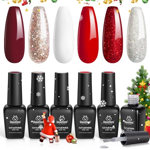 Beetles UV Gel Nagellack Set - Zuckerstange 6 Farben Gel Polish Glitzer Burgund Rotes Sparkle Gel Kit Schneeweiß Silber Nail Art Nageldesigns Geschenke für Anfänger Nail Art Maniküre von beetles Gel Polish