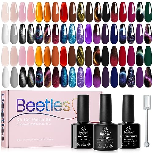 Beetles Cat Eye Gel Nagellack 39 Pcs Jelly Nail Polish Set Glitter Changing Kit Treasure Box Collection mit 3Pcs Base Matte und Glossy Top Soak Off UV für Frauen Mädchen von beetles Gel Polish