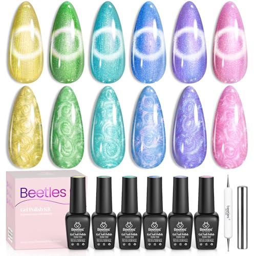Beetles Cat Eye Gel-Nagellack – 6 Farben sommerlicher Schimmer Perlen-Cat-Eye-Nagellack-Set mit Magnet Regenbogen Meerjungfrau Wirbel Gelb Rosa Blau Lila Grün DIY-Maniküre Geschenke für Frauen von beetles Gel Polish