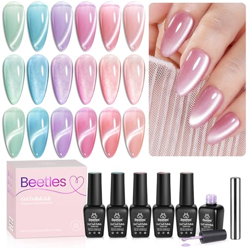 Beetles Cat Eye Gel-Nagellack-Set, 6 Farben schimmernder Glitzer Gel Nagellack Soak-Off LED-UV-Härtung benötigt Silber Pink Blau Orange Grün Lila Samt-Gellack mit Magnet Geschenk für Frauen von beetles Gel Polish