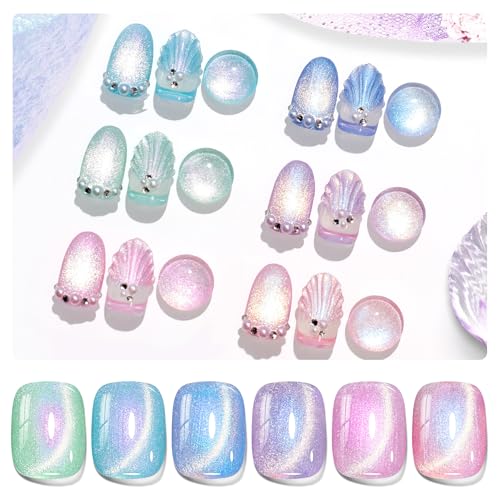 Beetles Cat Eye Gel-Nagellack-Set – 6 Farben Sommer-Chamäleon Katzenauge Grün Pink Blau Lila Gel mit Magnet Soak-Off UV Prismatic Mirage Collection Salon Nagelkunst Maniküre Geschenk für Frauen von beetles Gel Polish