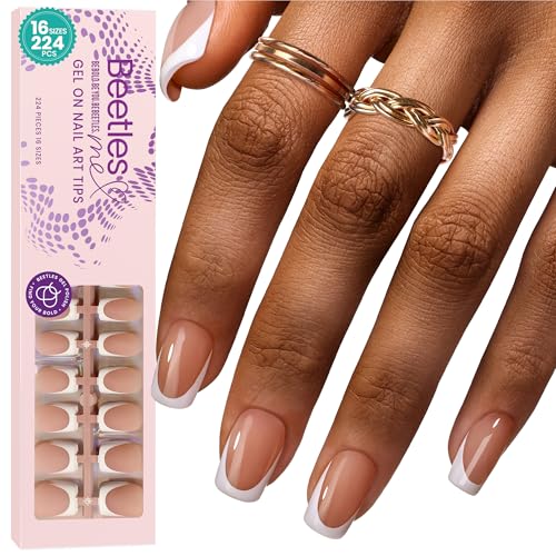 Beetles French Tip Press-on-Nägel, kurz quadratisch braun 224 Stück 16 Größen weiße French-Nägel 4-in-1-Gel-Nagelspitzen DIY-Nagelkunst Maniküre-Geschenk für Mädchen keine Feile erforderlich von beetles Gel Polish