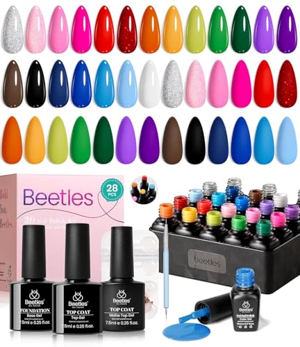 Beetles Gel Nagellack Set, 20 Farben UV Gel Nagellack Rot Lila Blau Glitter Winter Gellack Set mit doppelseitigem Stift und Base-und top coat Farbaufklebercode UV Maniküre für Frauen von beetles Gel Polish