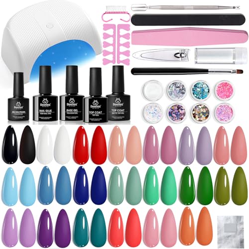 Beetles Gel-Nagellack-Set, 20 Frühlingsfarben Gel-Nagellack-Set mit Basis und mattem und glänzendem Decklack mittelgroßer Nageltips von Zubehör zum Selbermachen geschenke für Frauen von beetles Gel Polish